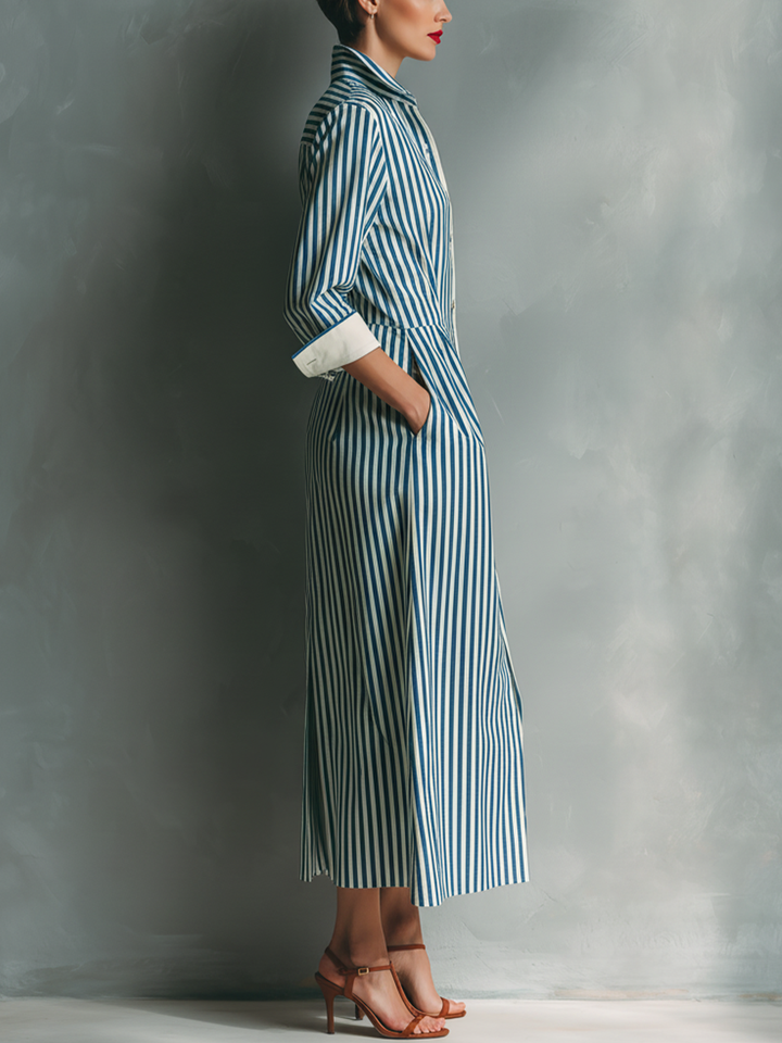 Women's Blue And White Striped Shirt Dress With Red Chest Pocket