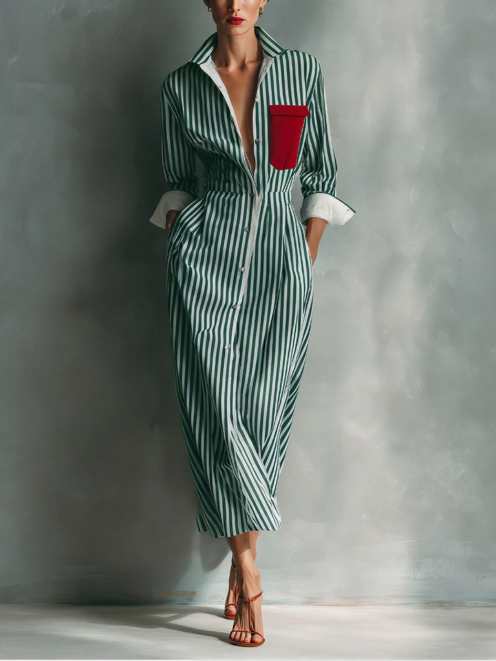 Women's Blue And White Striped Shirt Dress With Red Chest Pocket