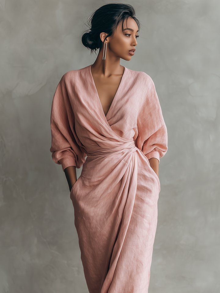 Women's  Pink Minimalist V-neck Maxi Dress