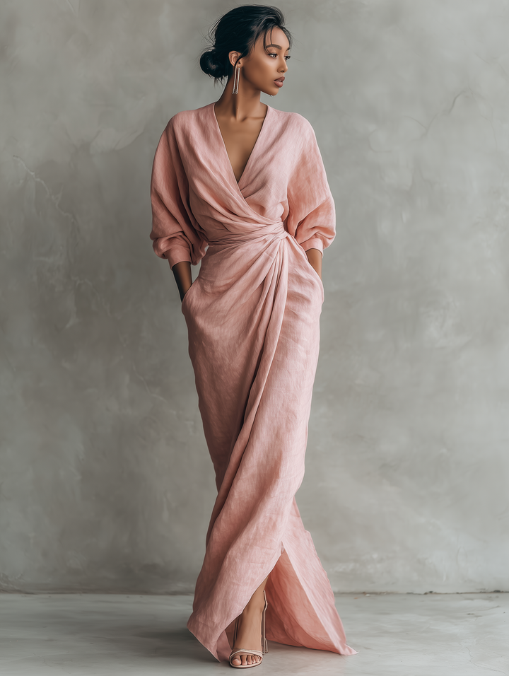 Women's  Pink Minimalist V-neck Maxi Dress