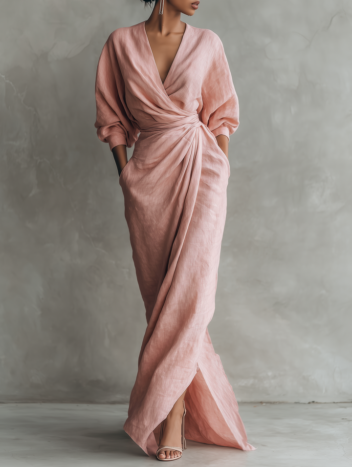 Women's  Pink Minimalist V-neck Maxi Dress