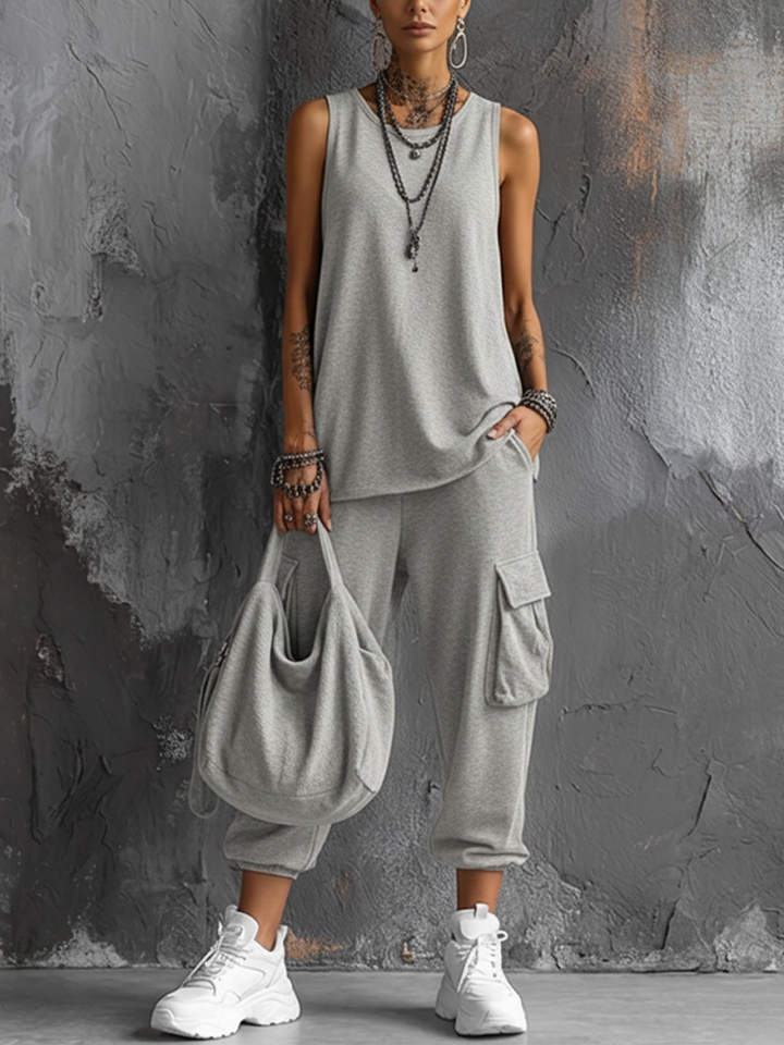 Women's Casual Style Dark Gray Sleeveless Top + Jogger Cargo Pants Set
