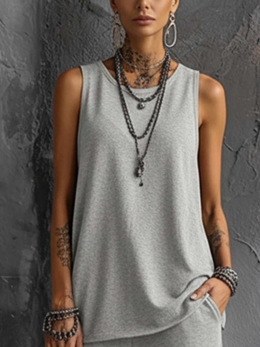 Women's Casual Style Dark Gray Sleeveless Top + Jogger Cargo Pants Set