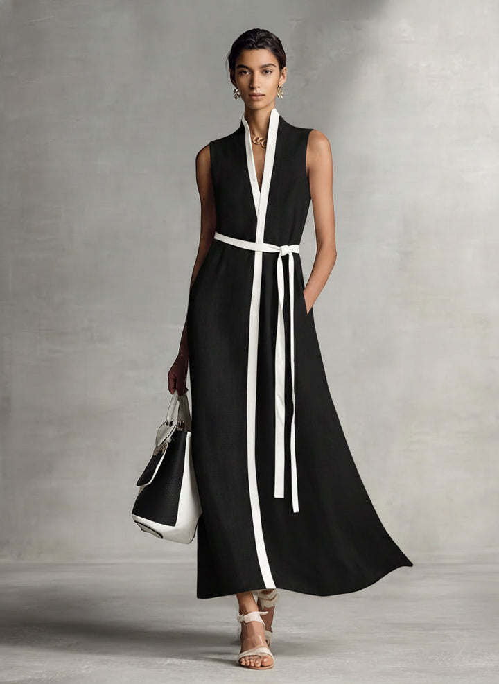 Women's Sleeveless V-Neck Tie-Waist Maxi Dress