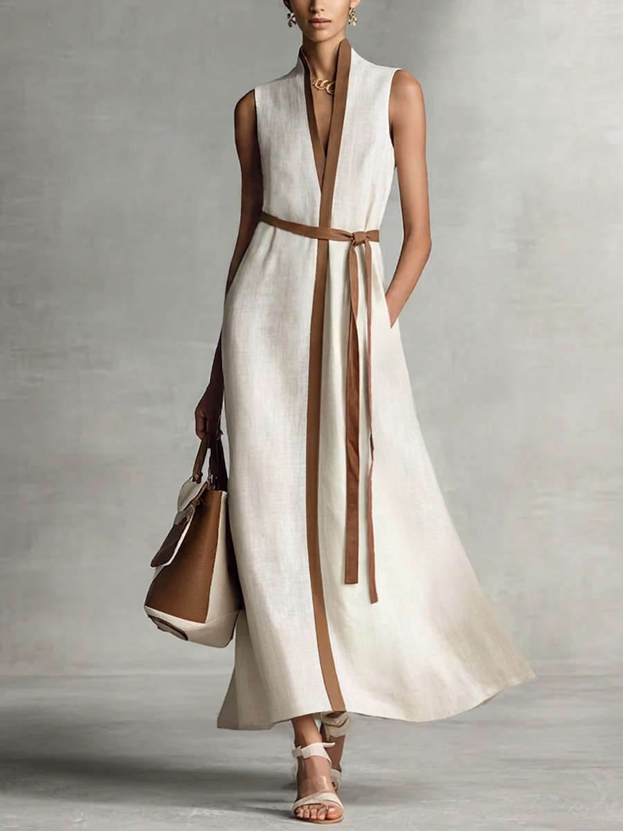 Women's Sleeveless V-Neck Tie-Waist Maxi Dress