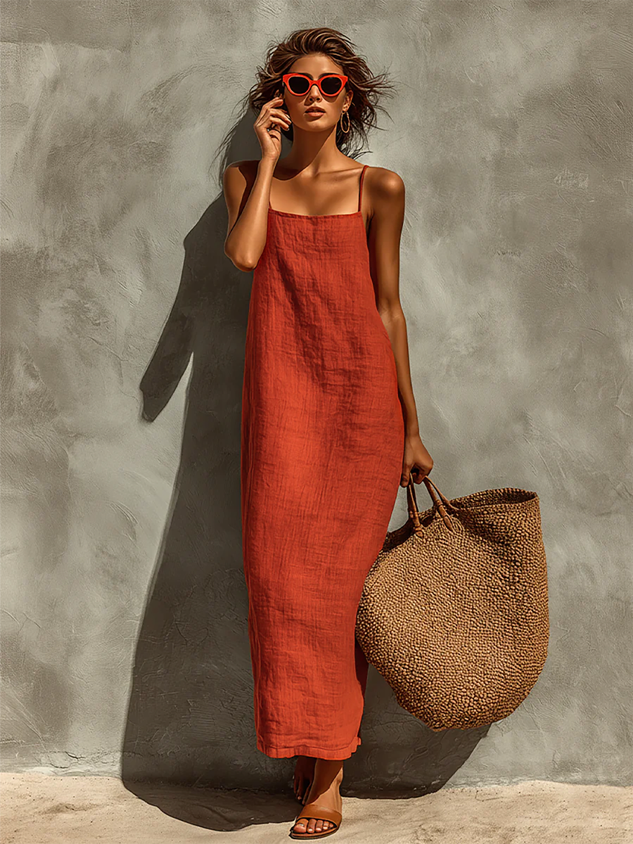 Women's Red Dress With Spaghetti Straps & Square Neck, Timeless Boho-Resort Style Dress