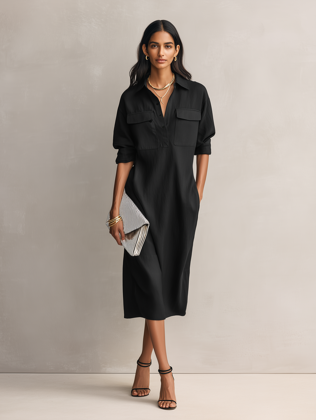 Women's Elegant Black Blend Shirt Collar Short-sleeved Midi Dress