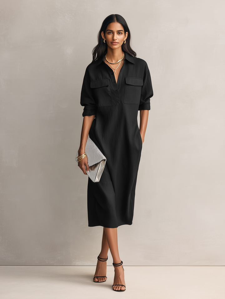 Women's Elegant Black Blend Shirt Collar Short-sleeved Midi Dress