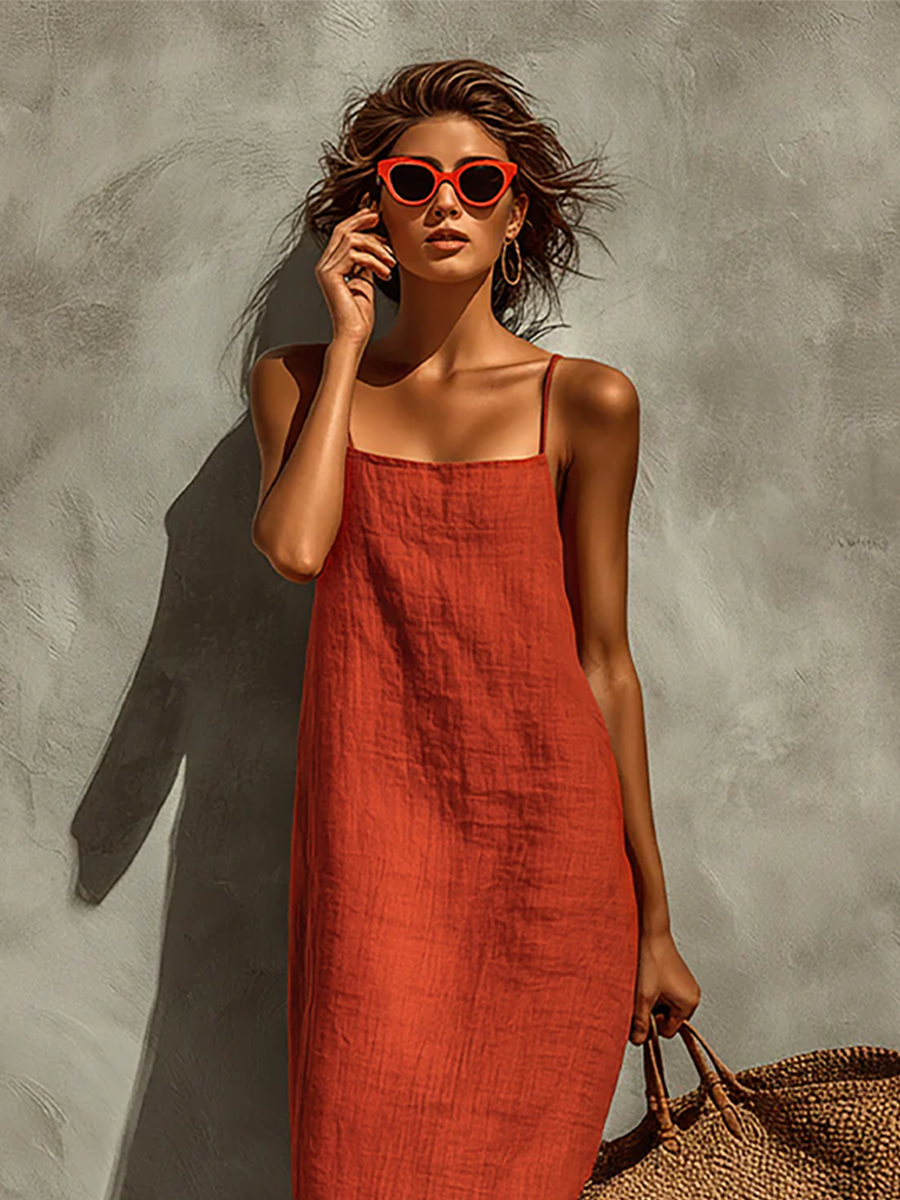 Women's Red Dress With Spaghetti Straps & Square Neck, Timeless Boho-Resort Style Dress