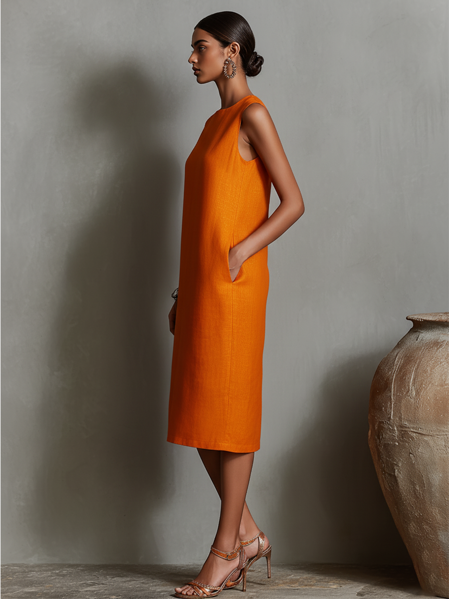 Women's Orange Dress With Sleeveless Round Neck & Side Pockets, Timeless Minimalist-Elegant Style Dress