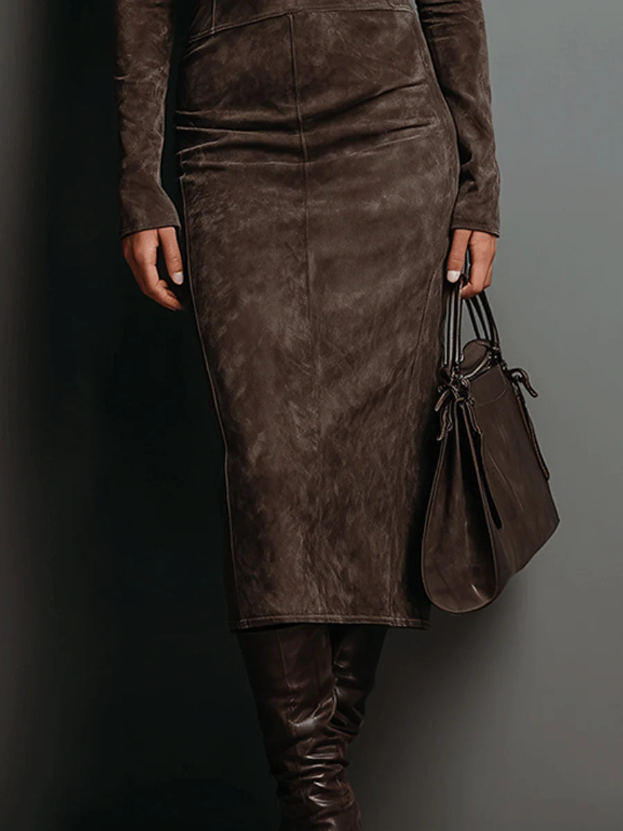 Ilaria™ - Midi Dress with High Collar and Long Sleeves