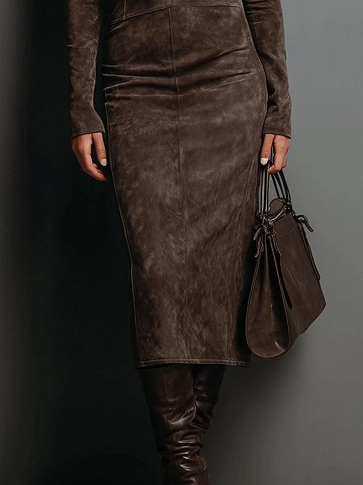 Ilaria™ - Midi Dress with High Collar and Long Sleeves