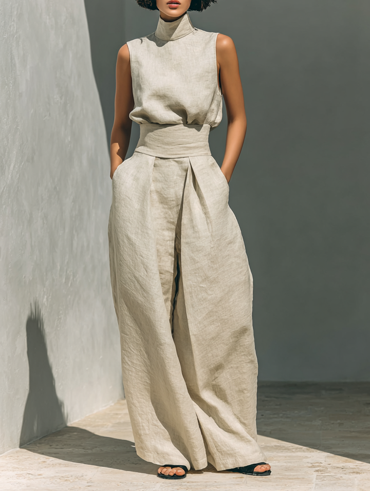 Women's Minimalist Sleeveless Blouse And Wide-leg Pants Set