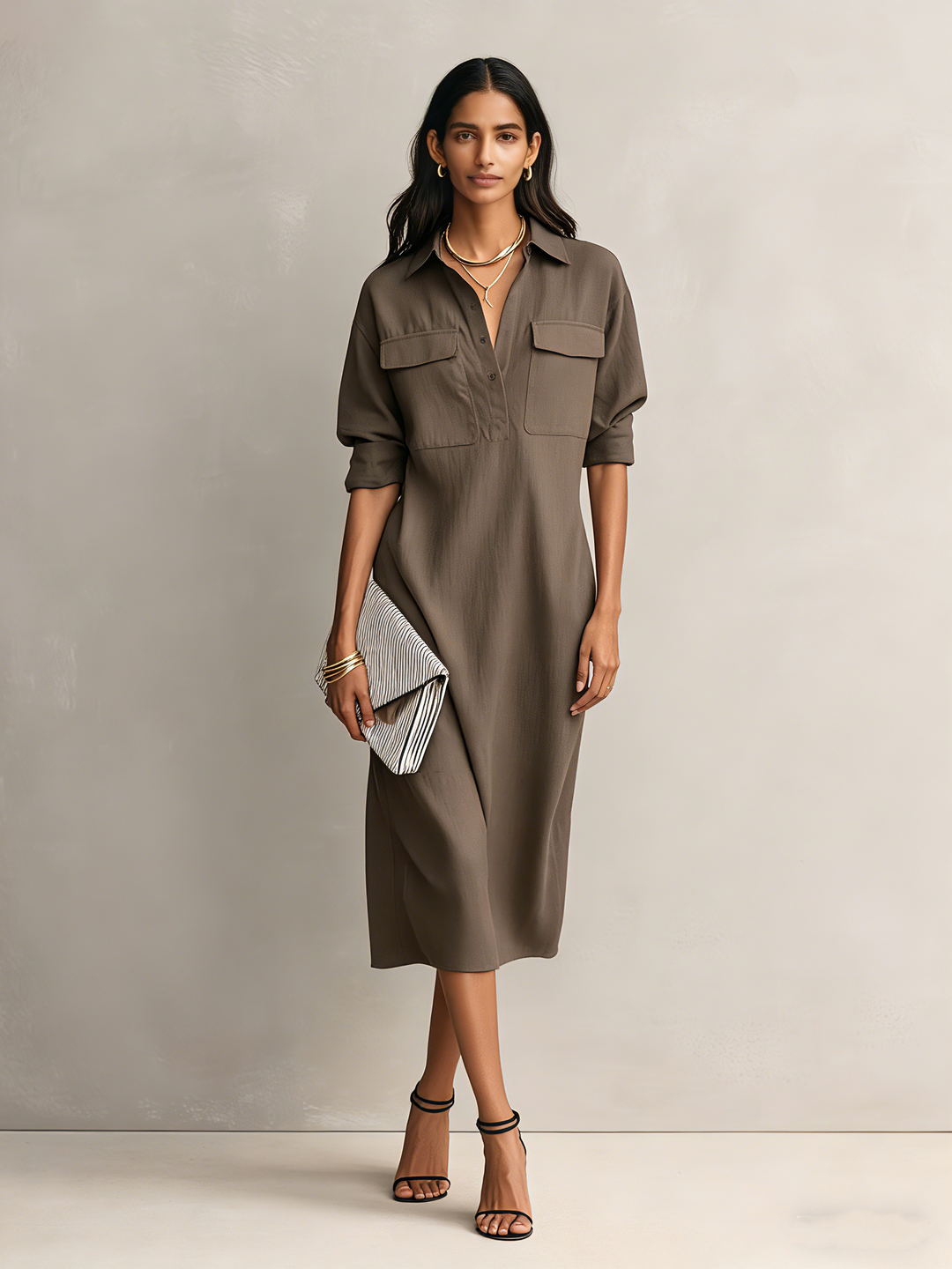 Women's Elegant Black Blend Shirt Collar Short-sleeved Midi Dress