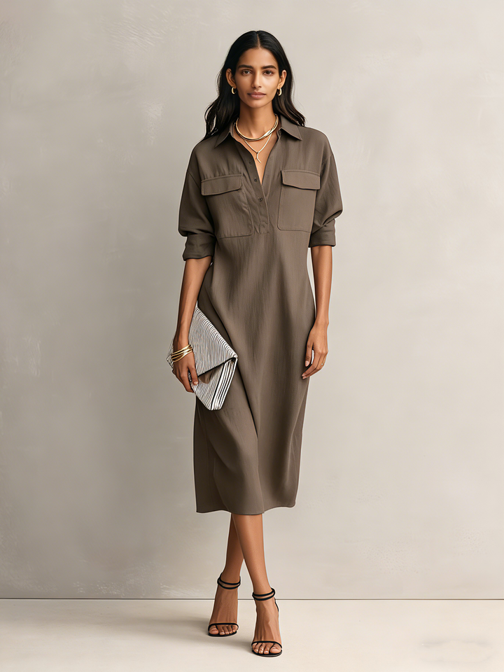 Women's Elegant Black Blend Shirt Collar Short-sleeved Midi Dress