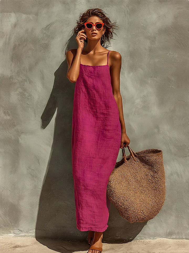 Women's Red Dress With Spaghetti Straps & Square Neck, Timeless Boho-Resort Style Dress