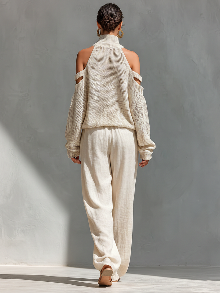 Women's Beige Knit Fabric Cold-Shoulder Turtleneck Top & Wide-Leg Pants Set
