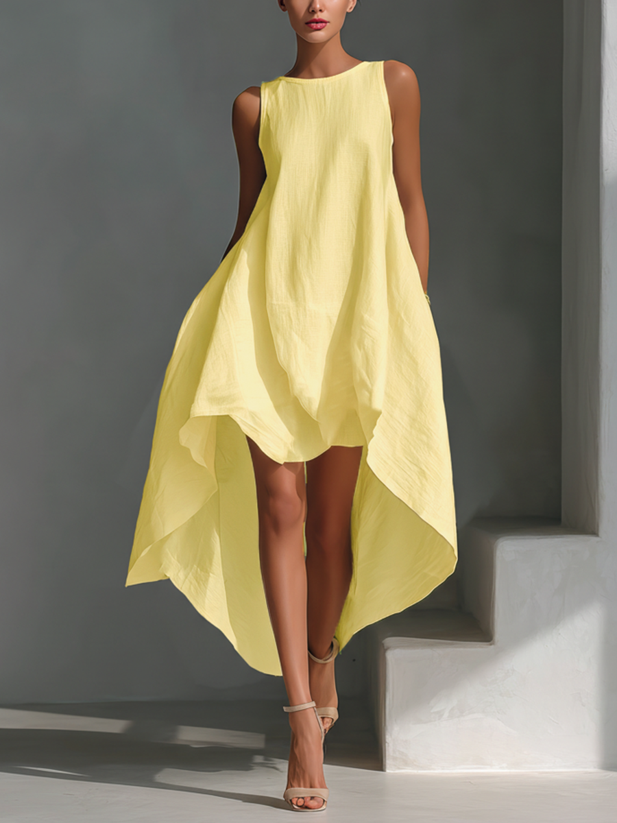 Women's White Sleeveless Midi Dress With Round Neck & Asymmetric Hem