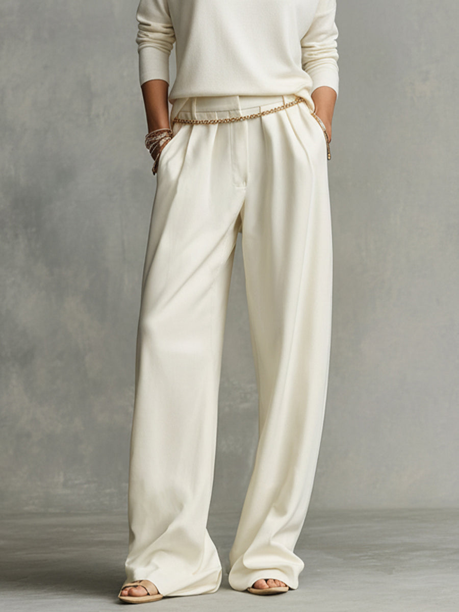 Women's Cream Soft Chic Turtleneck Top & Flowy Wide-Leg Pant Set
