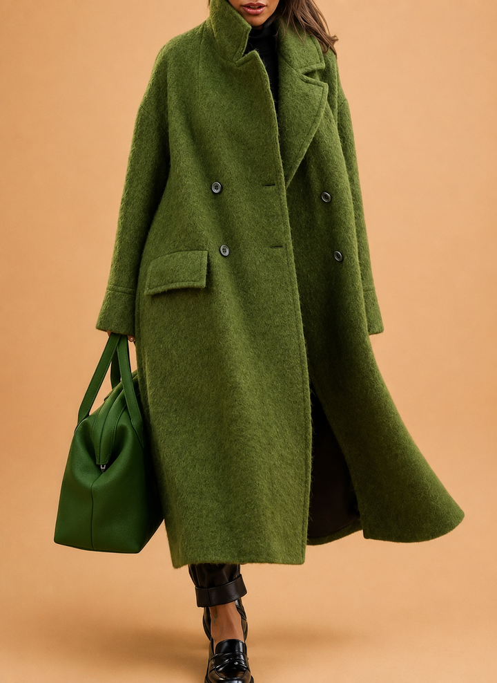 Camile Long Oversized Double-Breasted Coat with Notched Collar