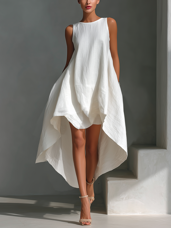 Women's White Sleeveless Midi Dress With Round Neck & Asymmetric Hem