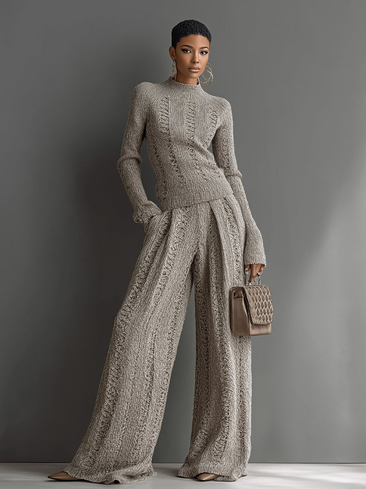 Women's Taupe Elegant Sweater & Wide - Leg Pants Set knit