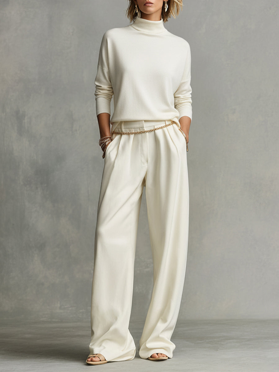 Women's Cream Soft Chic Turtleneck Top & Flowy Wide-Leg Pant Set
