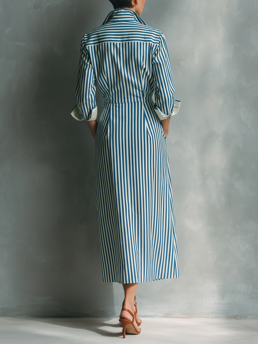 Women's Blue And White Striped Shirt Dress With Red Chest Pocket