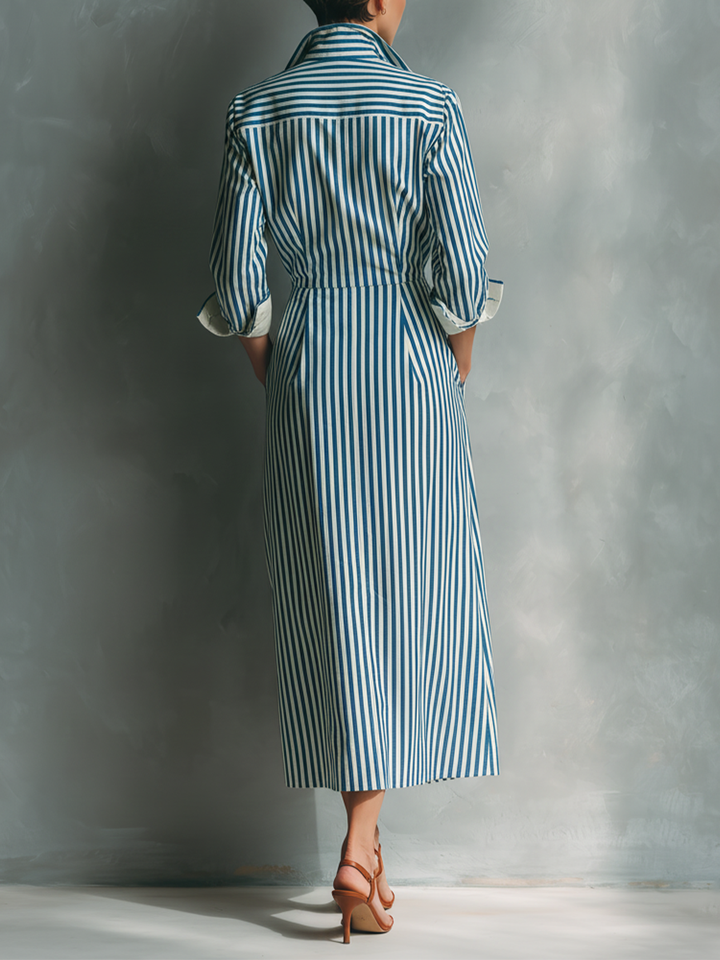 Women's Blue And White Striped Shirt Dress With Red Chest Pocket
