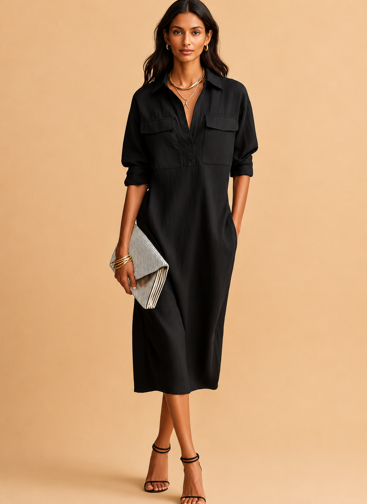 Women's Elegant Black Blend Shirt Collar Short-sleeved Midi Dress