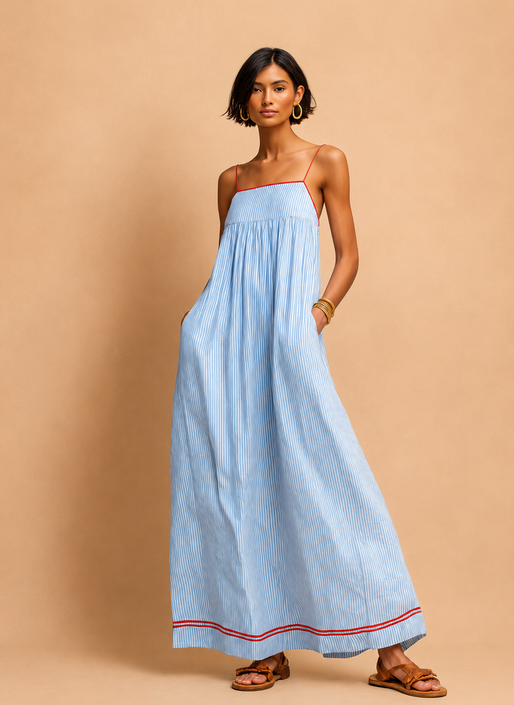 Women's Minimalist Striped Maxi Dress With Red Trim And Spaghetti Straps