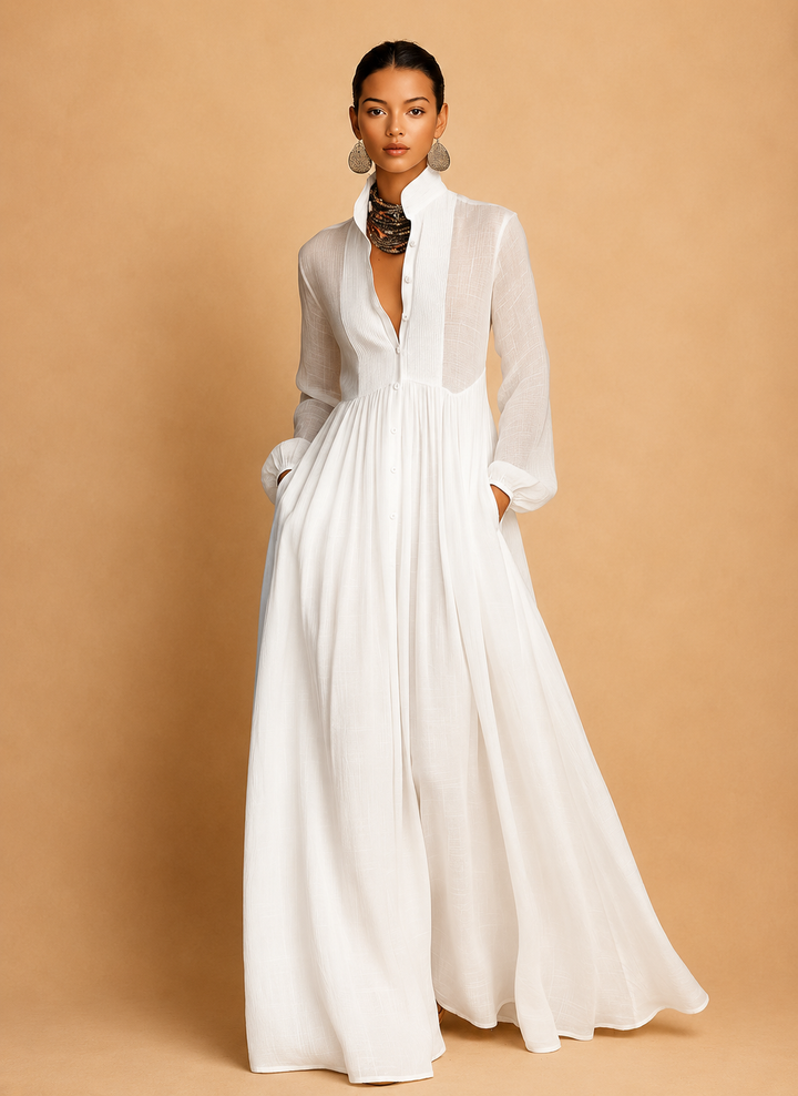 Women's Minimalist Patchwork Single-breasted Stand-up Collar Long-sleeved Maxi Dress