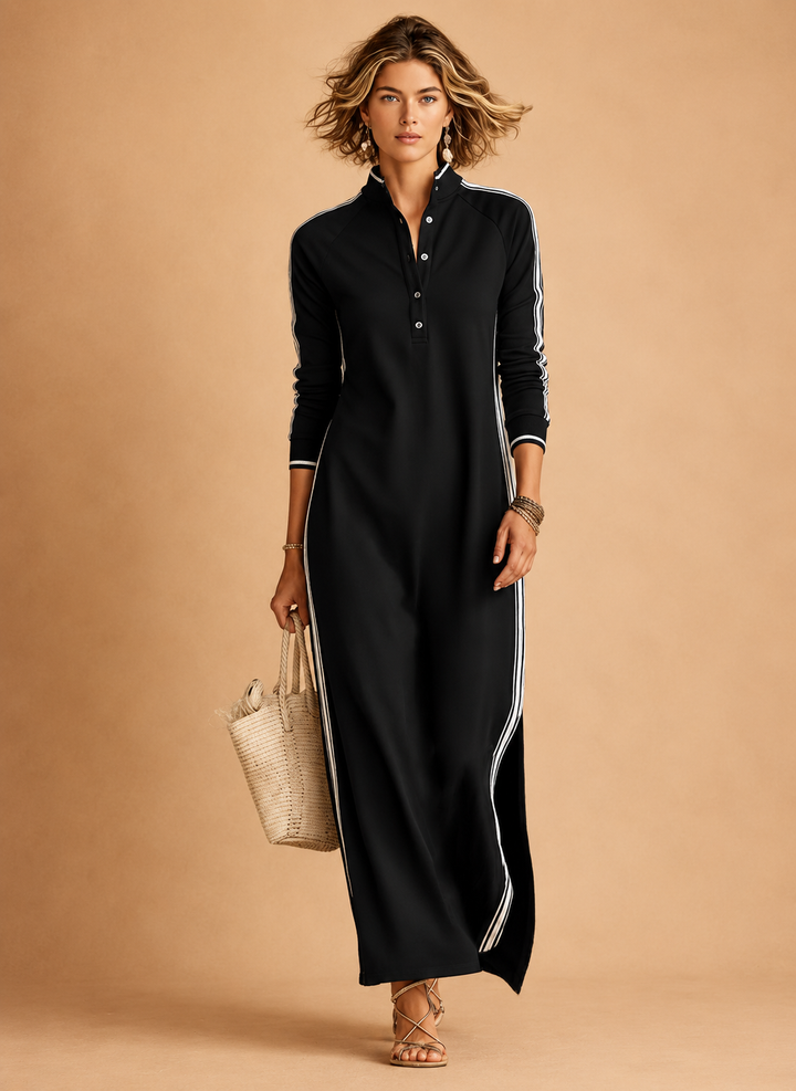 Women's Minimalist White-trimmed Button-down Collar Sweatshirt Dress Maxi Dress