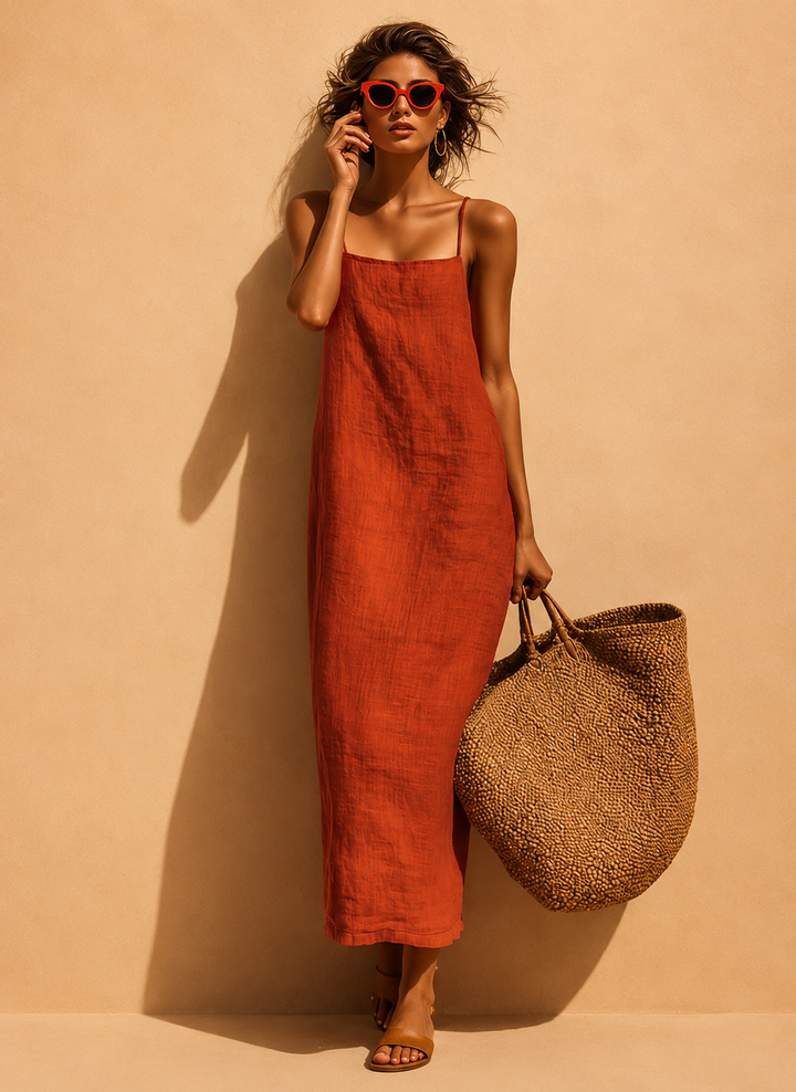 Women's Red Dress With Spaghetti Straps & Square Neck, Timeless Boho-Resort Style Dress