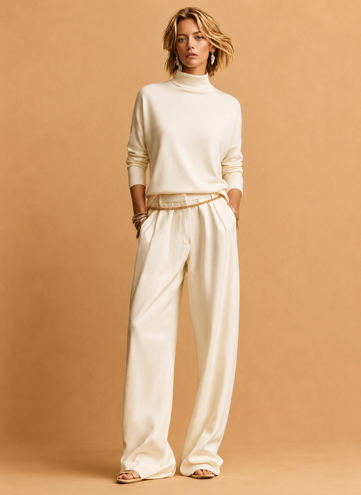 Women's Cream Soft Chic Turtleneck Top & Flowy Wide-Leg Pant Set
