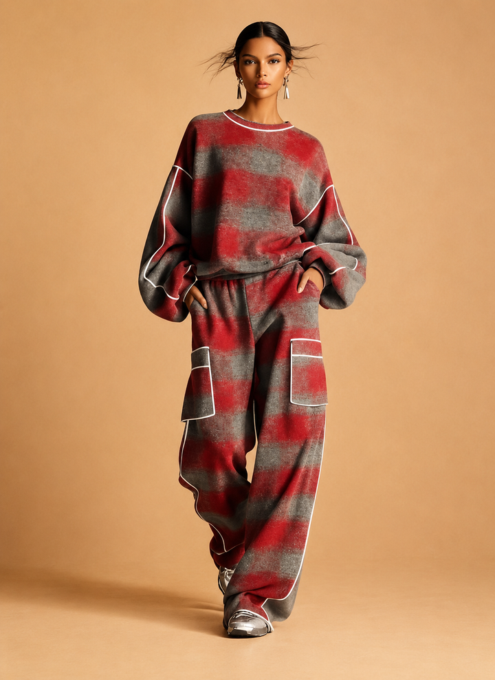 Women's Red And Gray Plaid Brushed Distressed Street Style Color-Blocked Piping Pantsuit Set