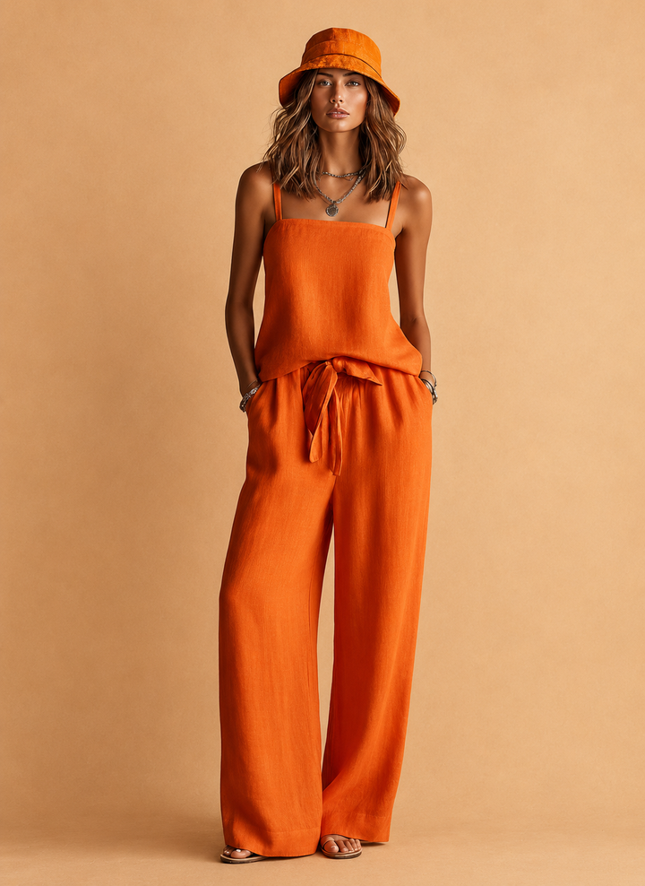 Women's Orange Two-Piece Set With Square Neck Cami Top