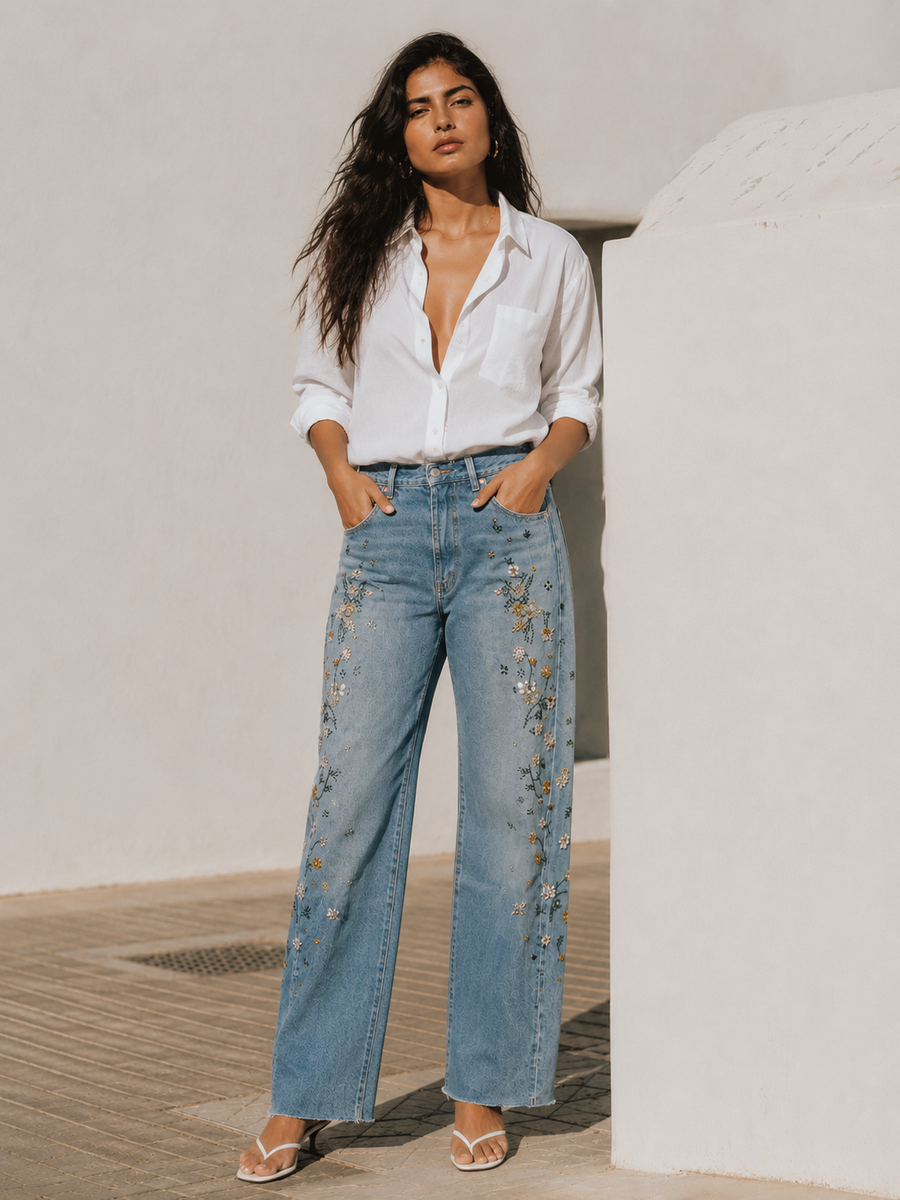 Perry High Waisted Embroidered Barrel Jeans