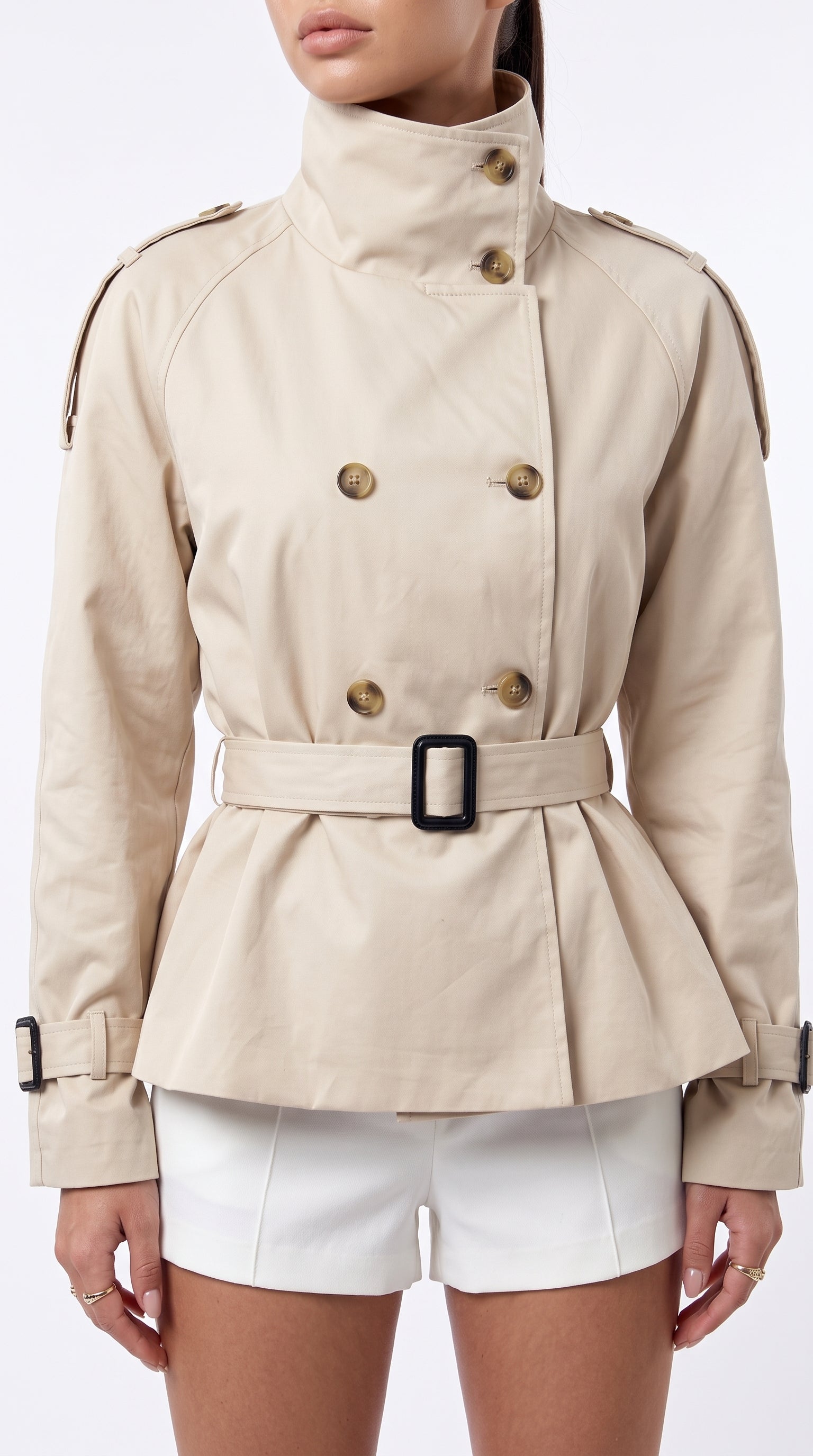Short Trench Jacket With Belt - Beige
