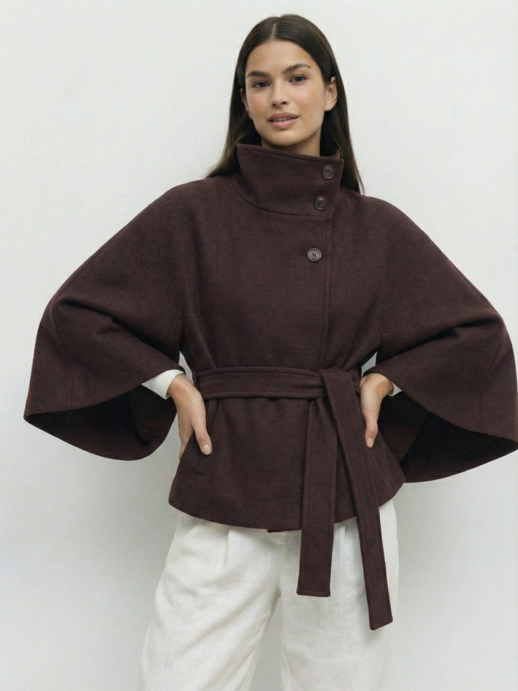 Chloe | High-Neck Belted Cape Jacket