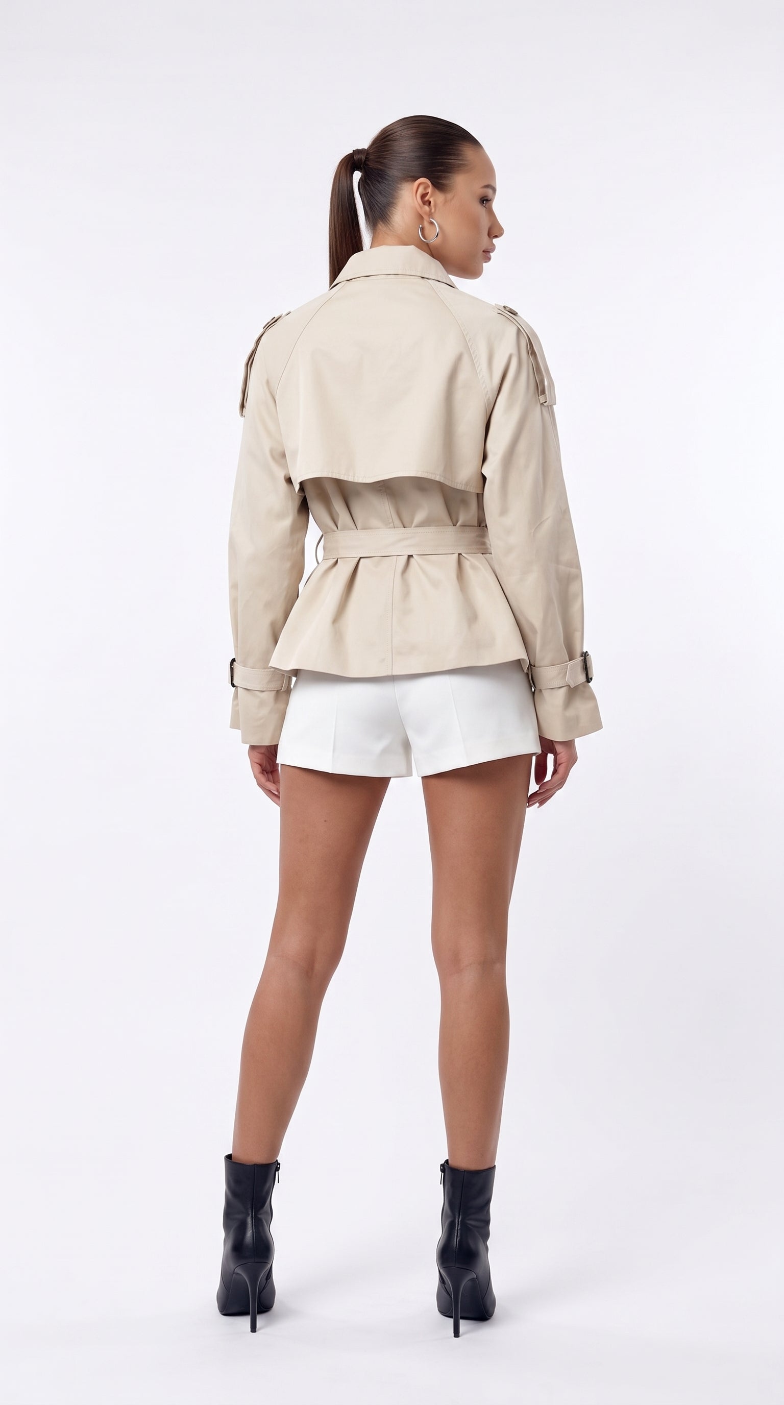 Short Trench Jacket With Belt - Beige