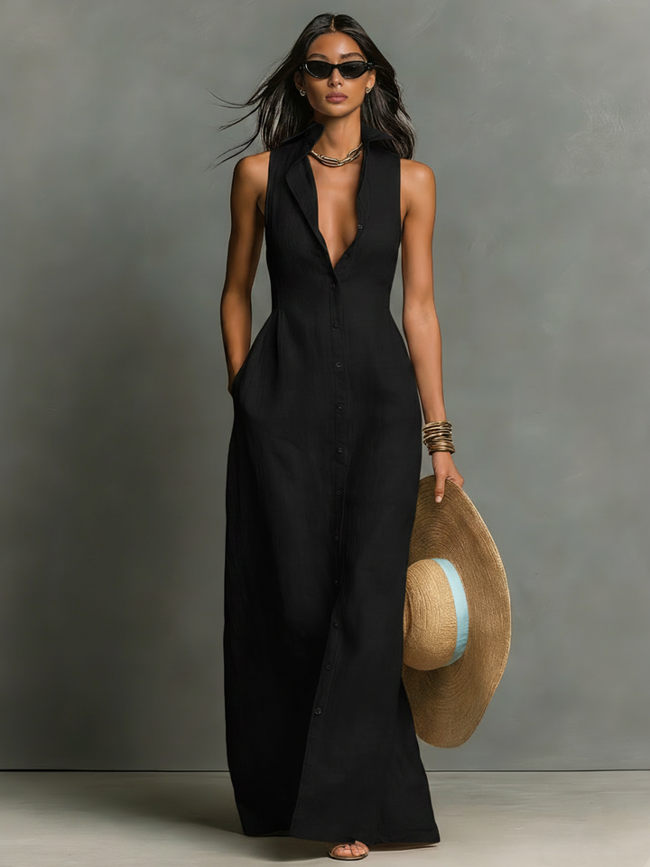 Women's Minimalist Collared Single-Breasted Sleeveless Maxi Shirt Dress