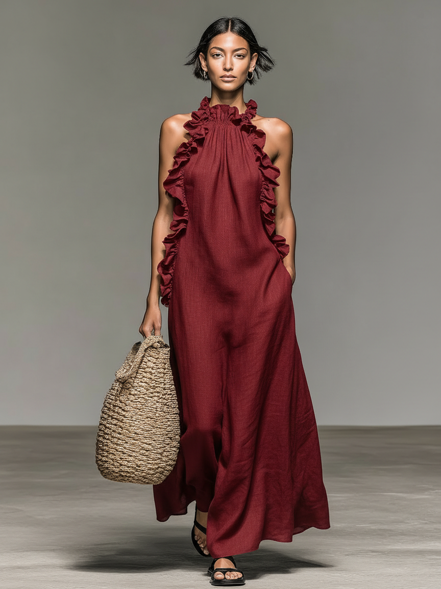 Women's Minimalist Sleeveless Maxi Dress With Ruffle Details