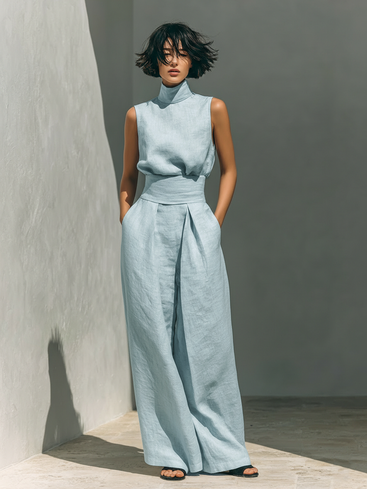 Women's Minimalist Sleeveless Blouse And Wide-leg Pants Set