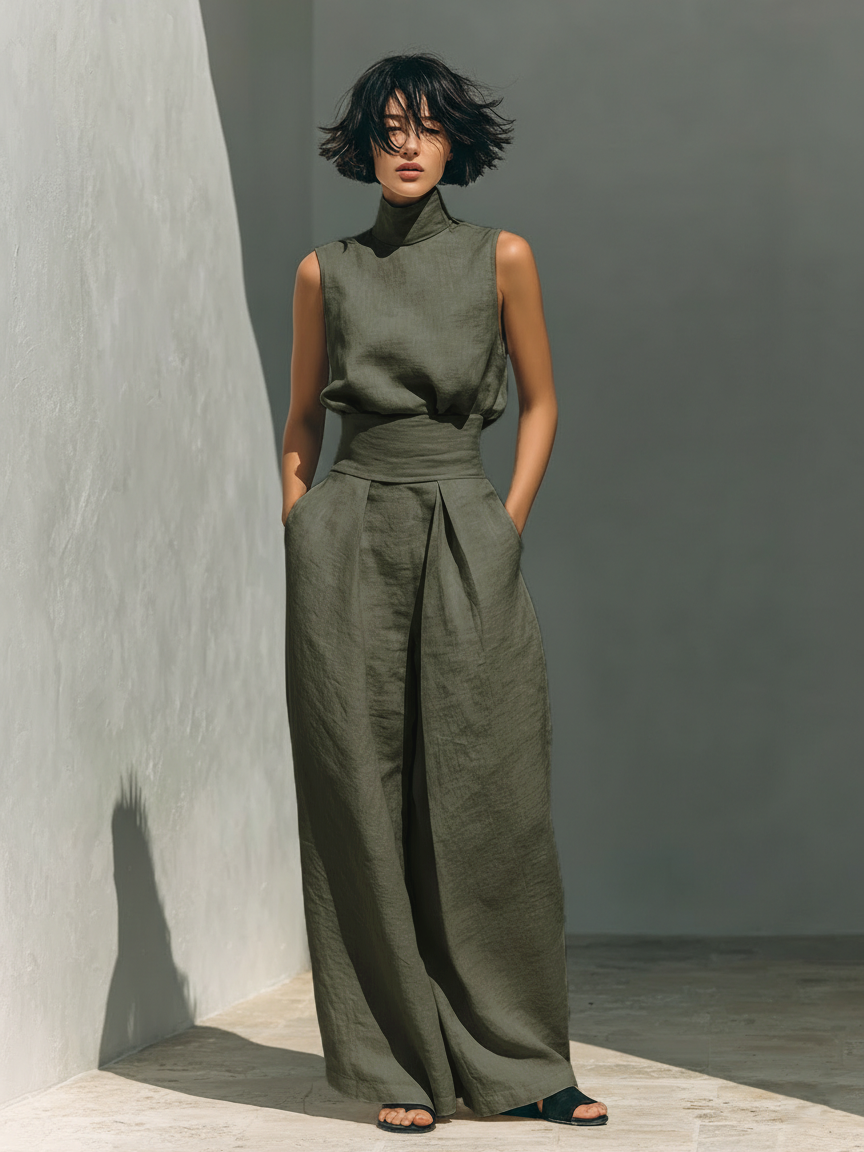 Women's Minimalist Sleeveless Blouse And Wide-leg Pants Set