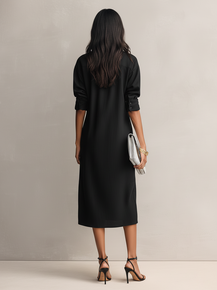 Women's Elegant Black Blend Shirt Collar Short-sleeved Midi Dress