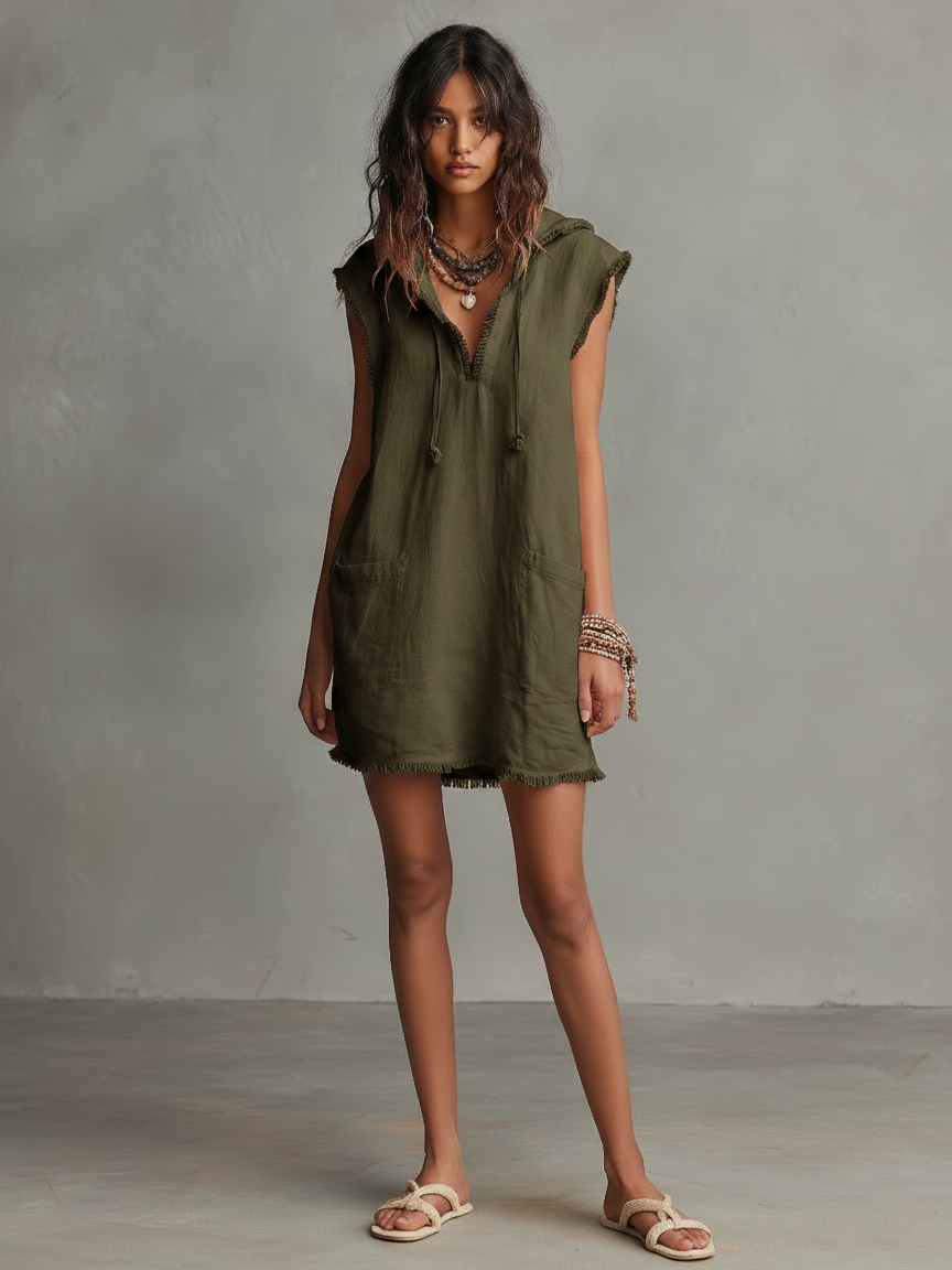 Women's Minimalist Mini Dress — Hooded, Sleeveless, Raw Hem