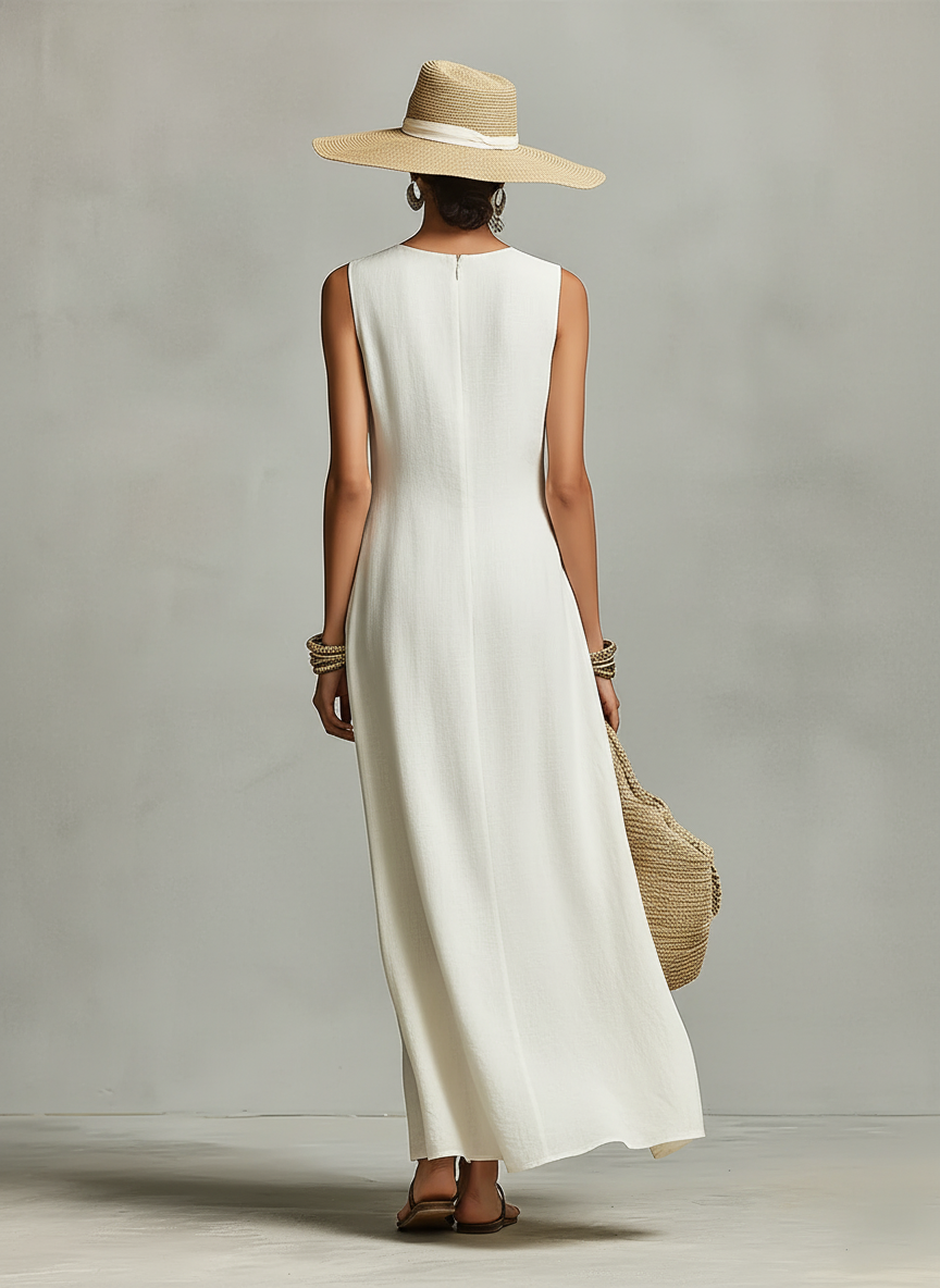 Women's Ivory Breathable Dress With Sleeveless Detail & Asymmetric Hem