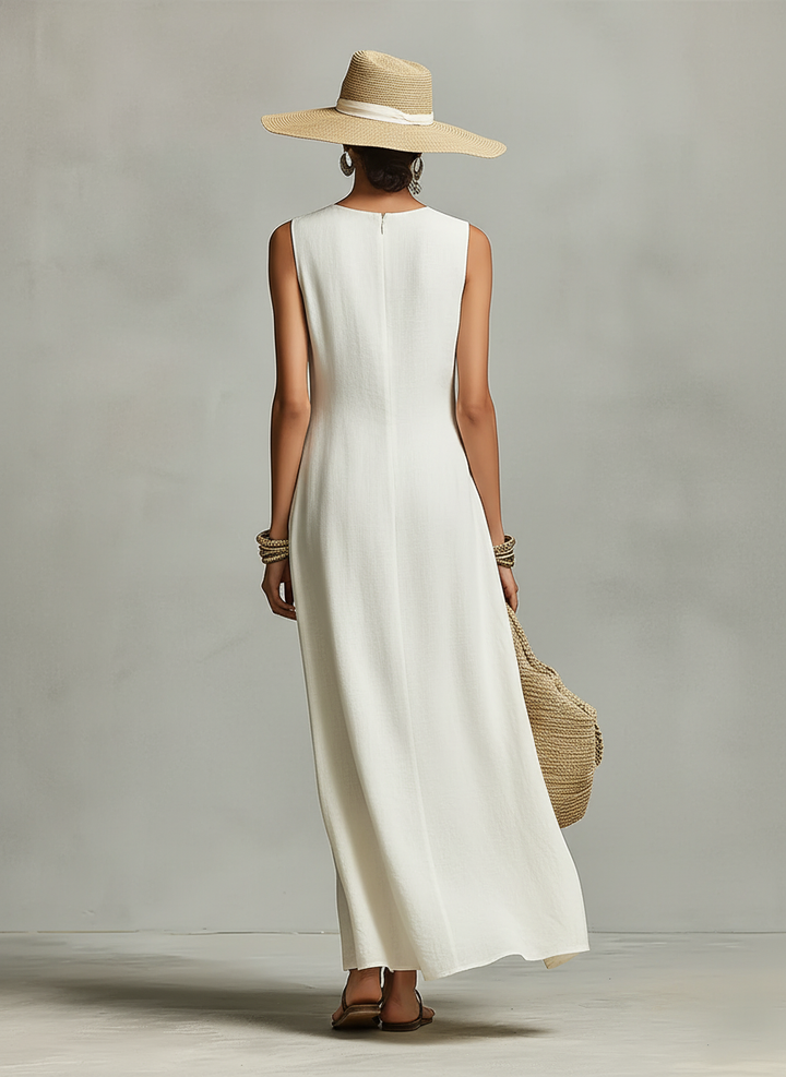 Women's Ivory Breathable Dress With Sleeveless Detail & Asymmetric Hem
