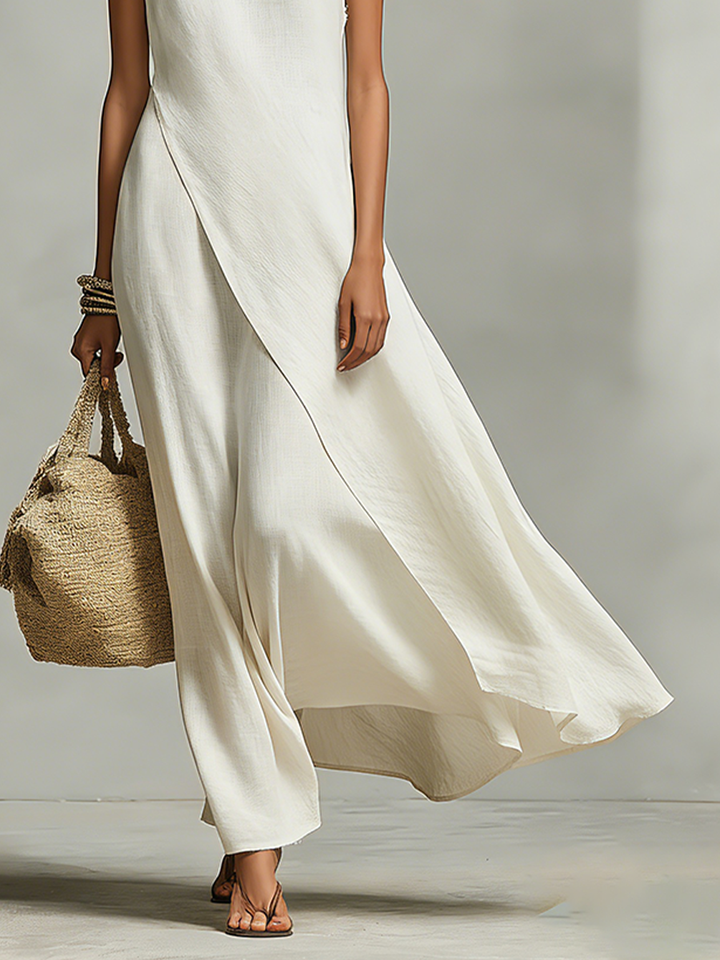 Women's Ivory Breathable Dress With Sleeveless Detail & Asymmetric Hem